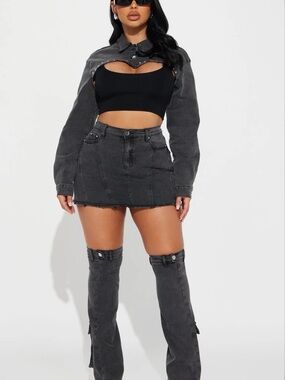 Charcoal Denim Mini Skirt & Detached Sleeve Jacket Set with Thigh-High Cut Offs